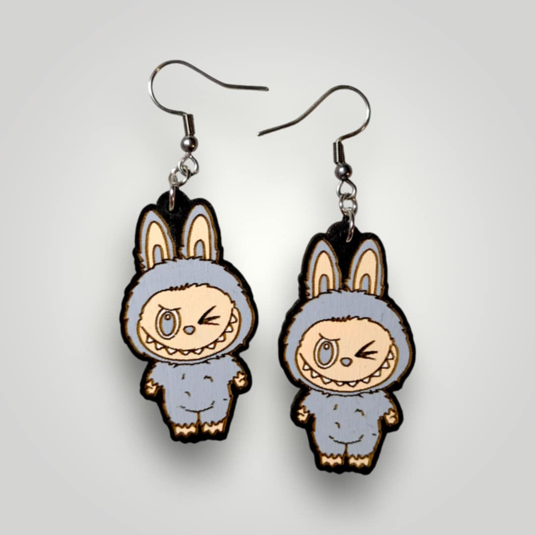 Labubu Monsters Hand Painted Wood Earrings: Stainless Steel Hooks / Purple