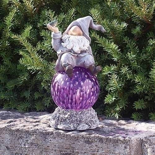11"H LED Gnome Purple Solar Light Statue with Blue Bird