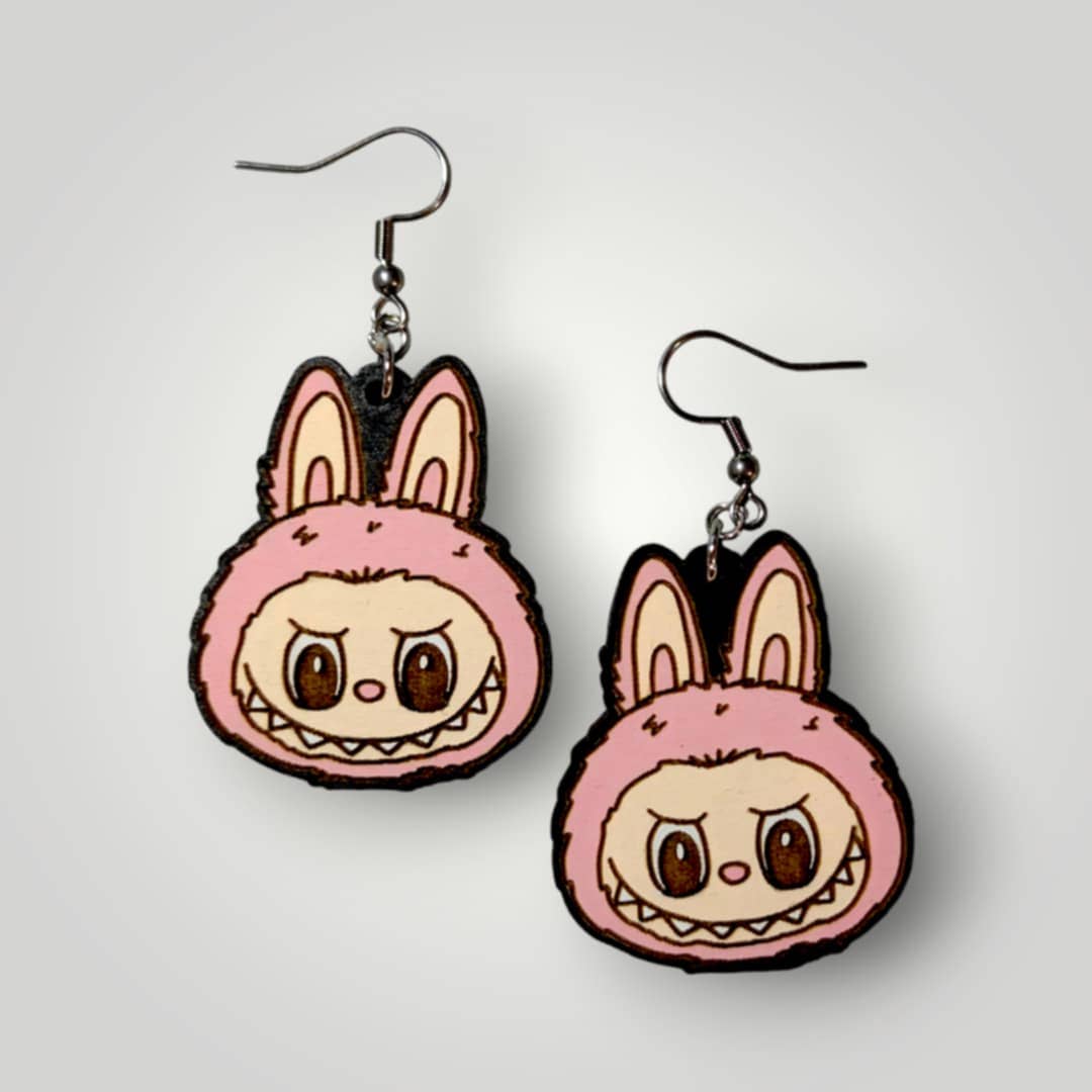 Labubu Monster Head Hand Painted Wood Earrings: Stainless Steel Hooks / Mint Blue