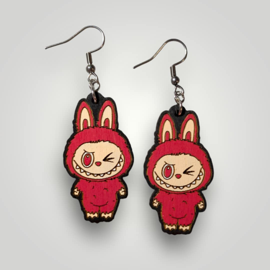 Labubu Monsters Hand Painted Wood Earrings: Stainless Steel Hooks / Purple