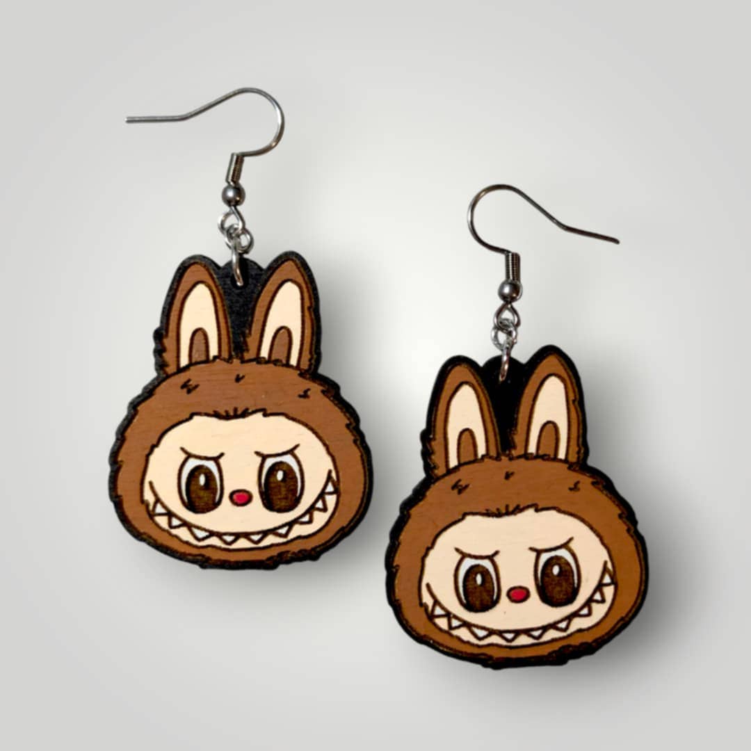 Labubu Monster Head Hand Painted Wood Earrings: Stainless Steel Hooks / Mint Blue