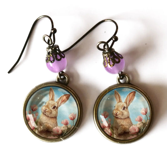 Easter Bunny in Tulips Sweet Pastel Spring Earrings