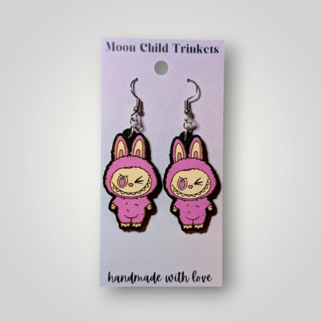 Labubu Monsters Hand Painted Wood Earrings: Stainless Steel Hooks / Purple