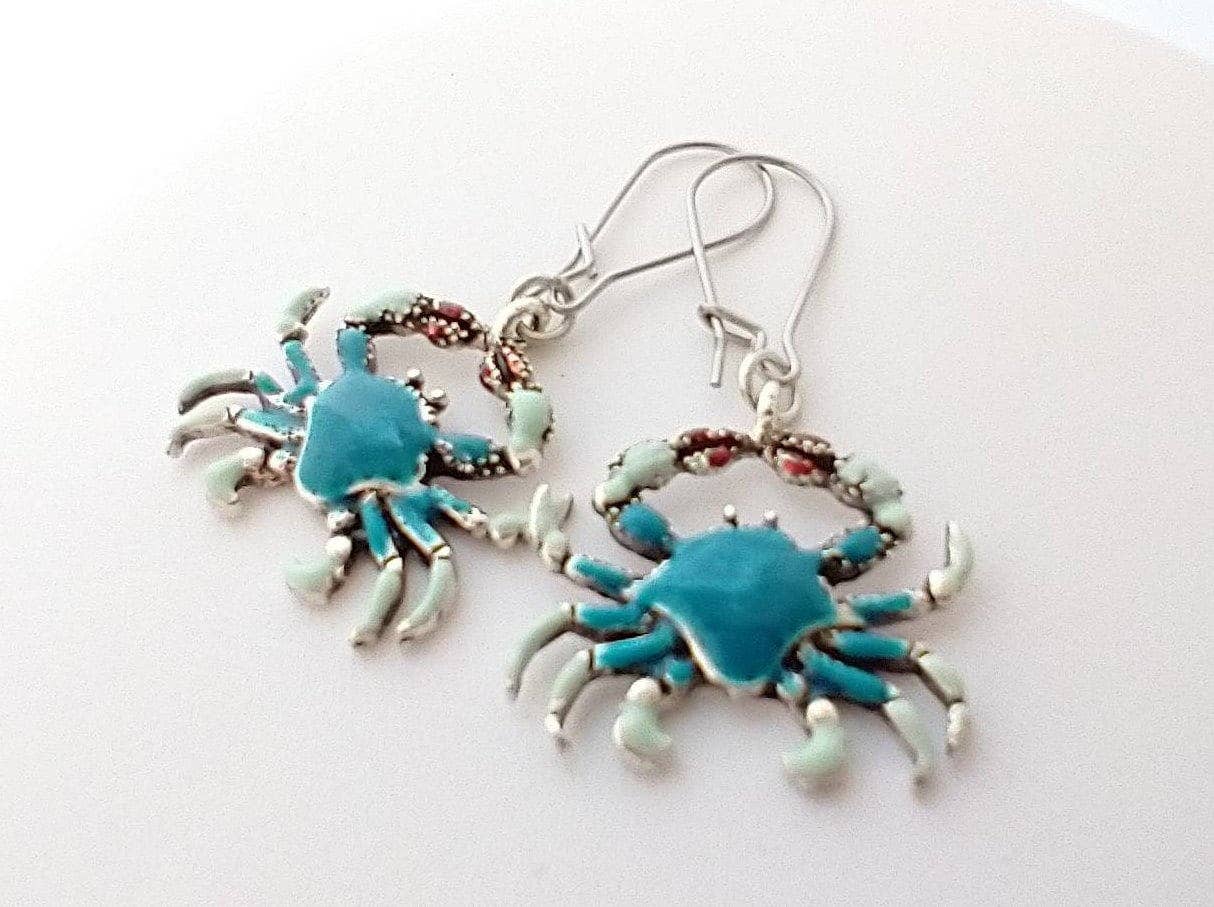 Blue Crab Earrings, Coastal Jewelry, Nautical Earrings: A