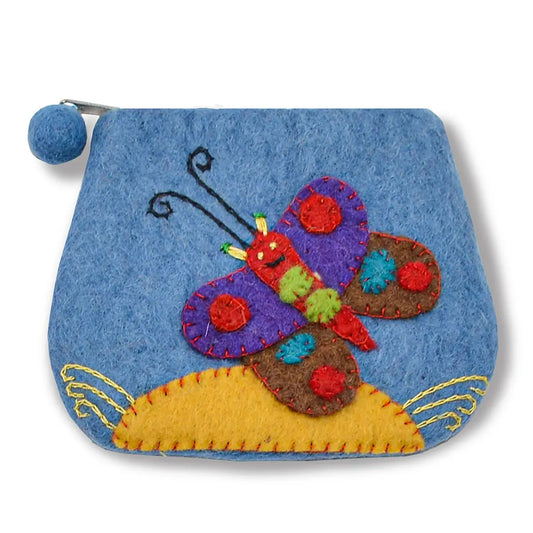 Baby Blue Felted Butterfly With Flower Coin Purse