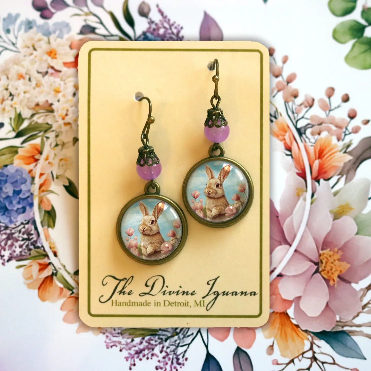 Easter Bunny in Tulips Sweet Pastel Spring Earrings