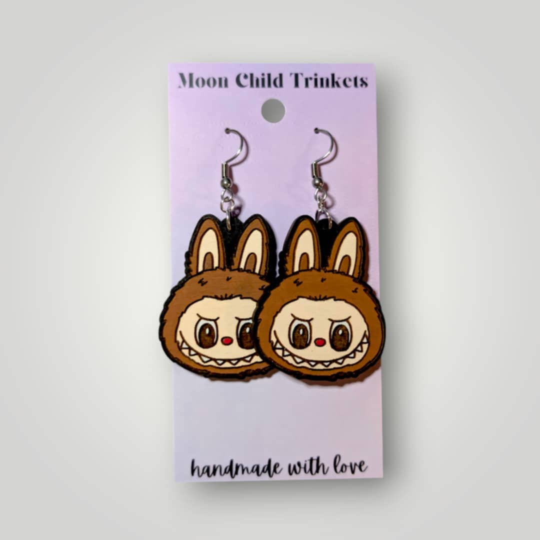 Labubu Monster Head Hand Painted Wood Earrings: Stainless Steel Hooks / Mint Blue