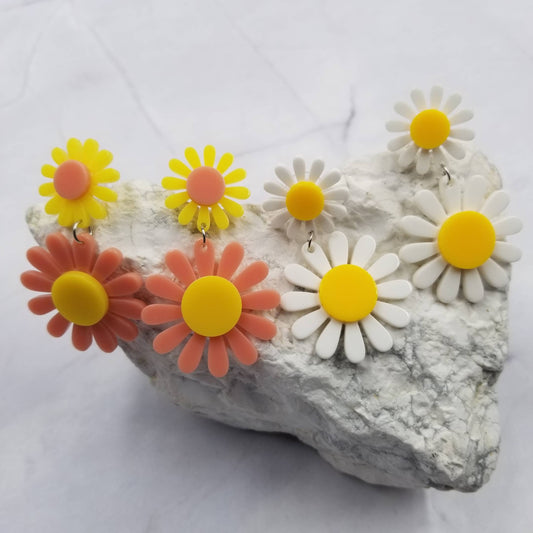 Acrylic Double Daisy Earrings: Pink & Yellow
