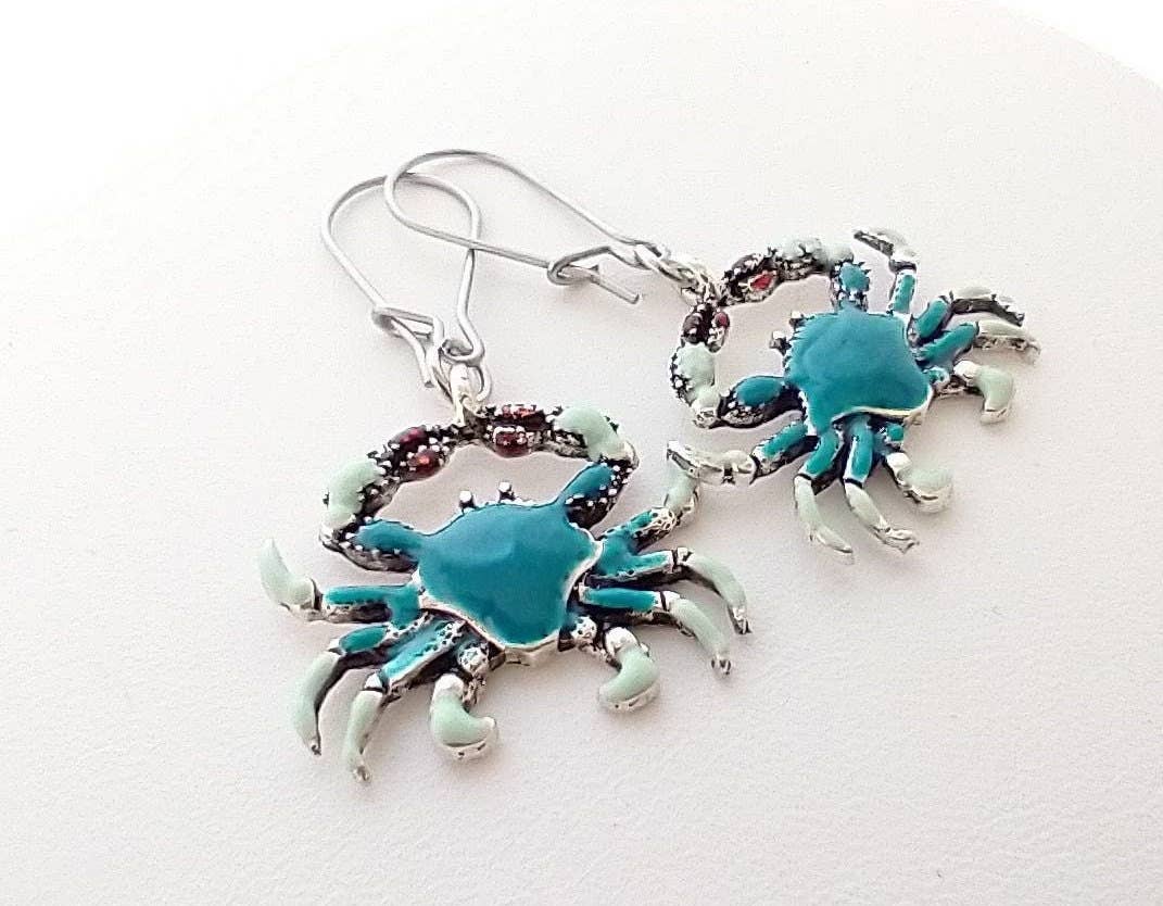 Blue Crab Earrings, Coastal Jewelry, Nautical Earrings: A