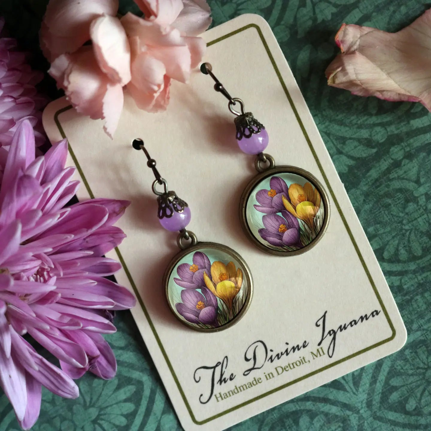 Spring Crocus Flowers Bronze and Glass Earrings