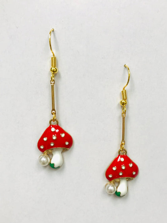 Dangle Red Mushroom With Pearl Earrings