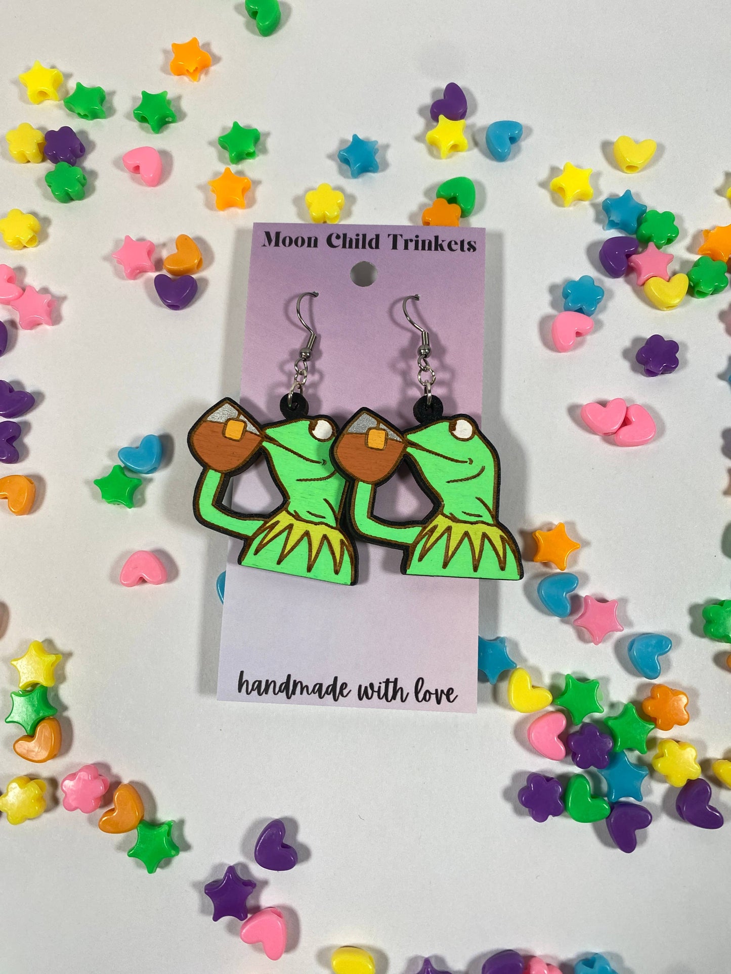 Green Frog Tea Sip Meme Hand Painted Earrings