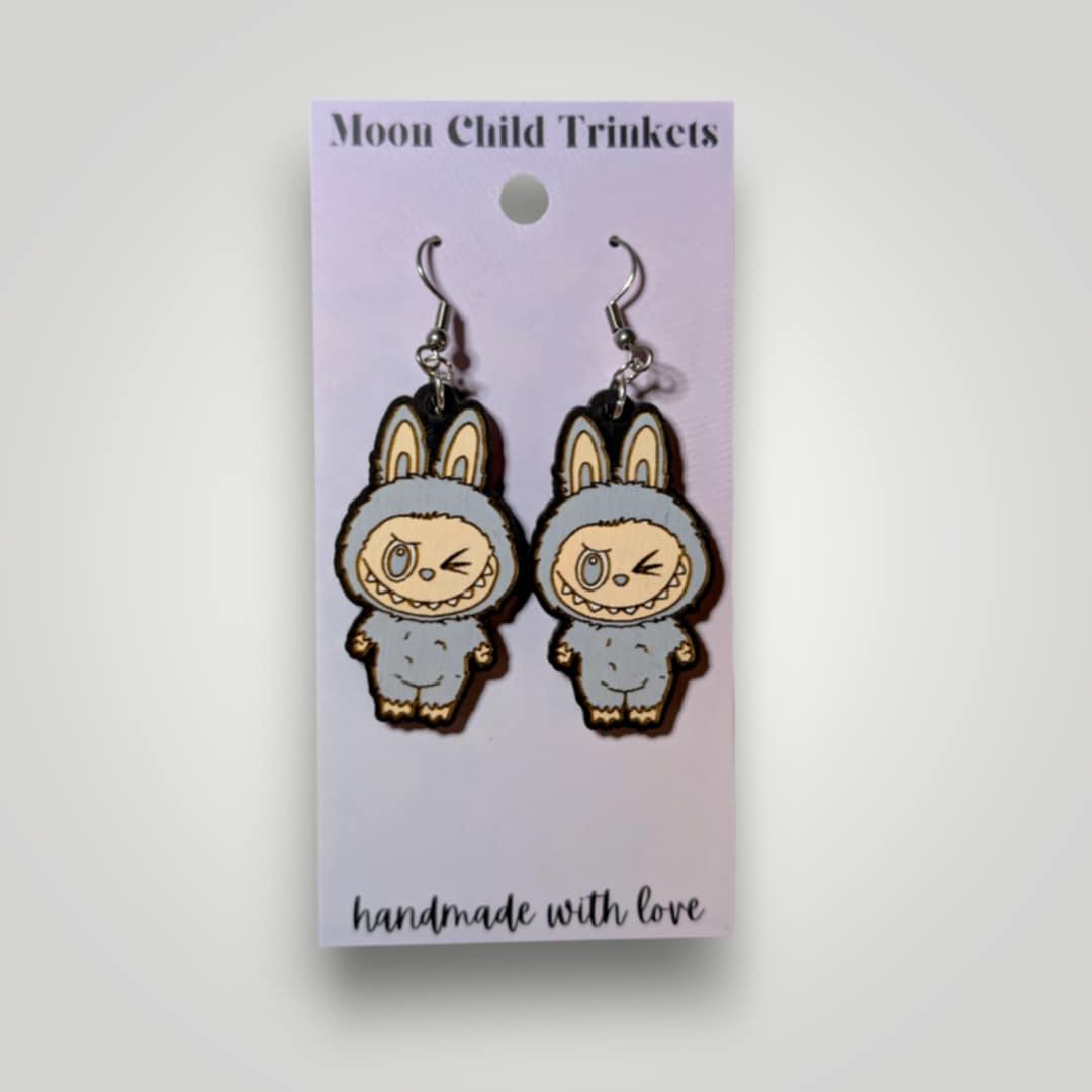 Labubu Monsters Hand Painted Wood Earrings: Stainless Steel Hooks / Purple