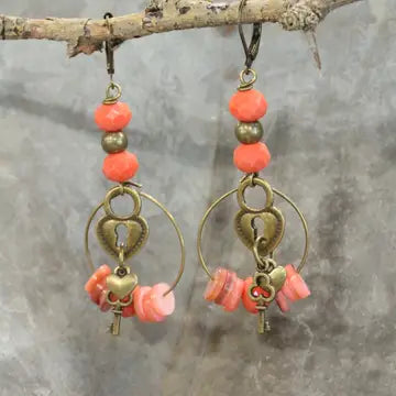 Key To My Heart Coral Charming Earrings