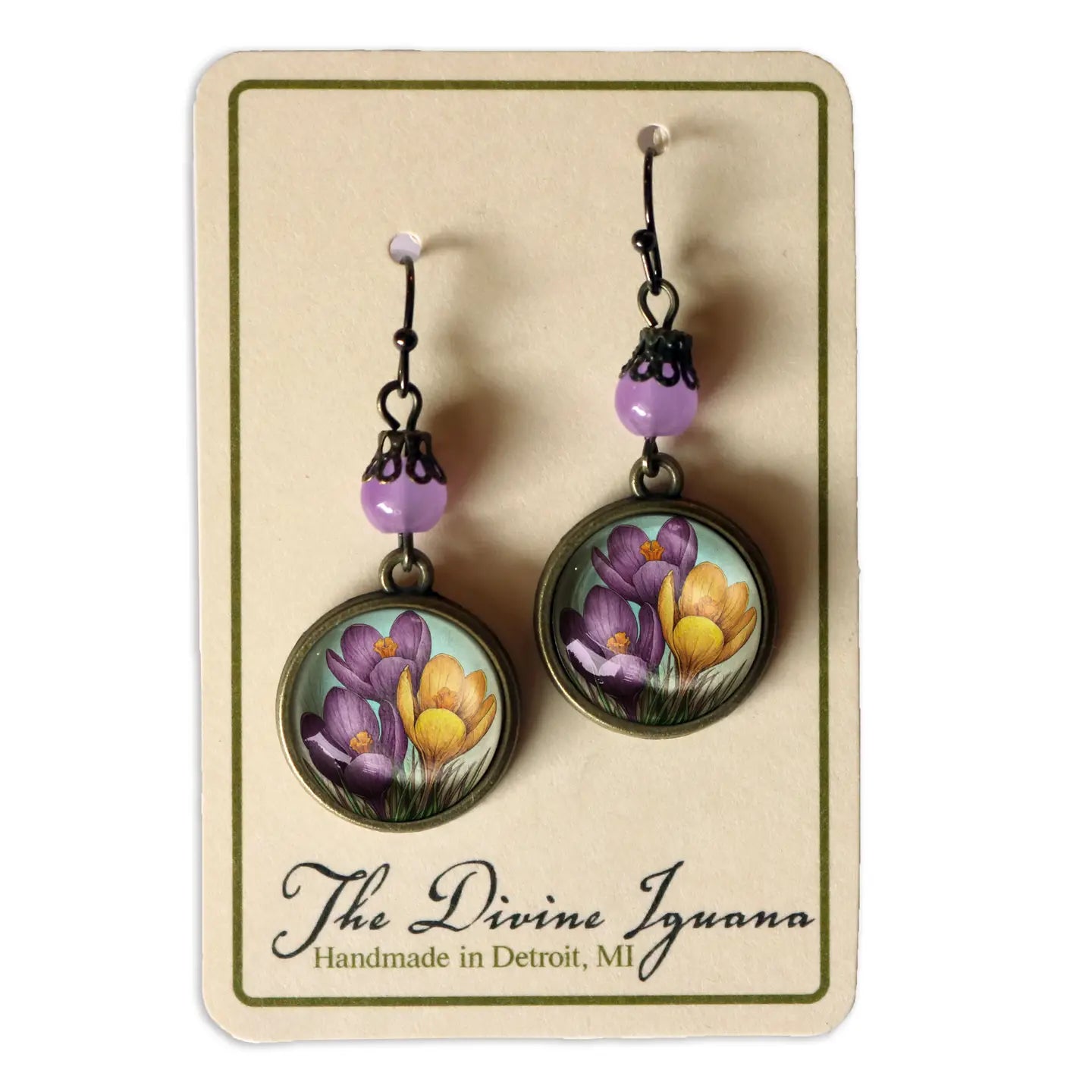 Spring Crocus Flowers Bronze and Glass Earrings