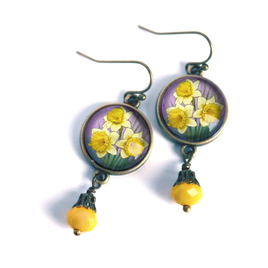 Art Nouveau Daffodil Cottage Core Earrings with Yellow Bead