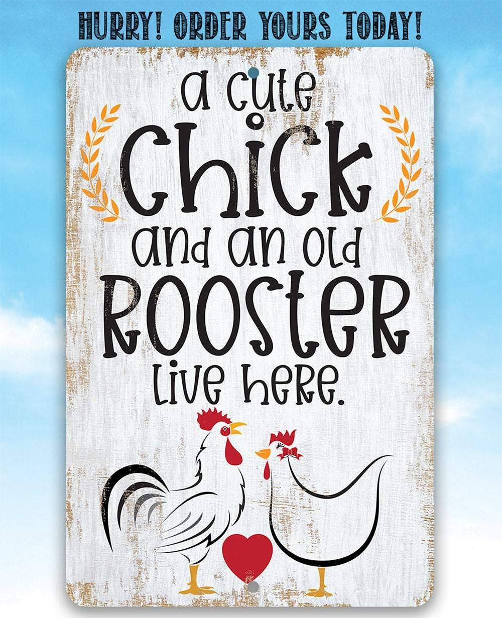 A Cute Chick and an Old Rooster Live Here - Metal Sign: 8 x 12