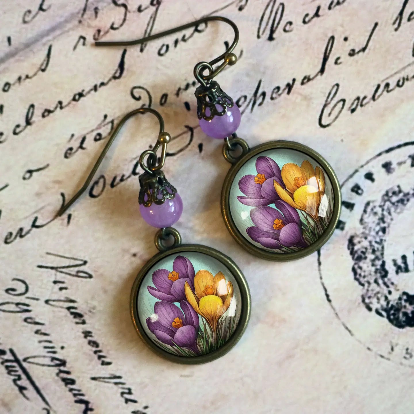 Spring Crocus Flowers Bronze and Glass Earrings