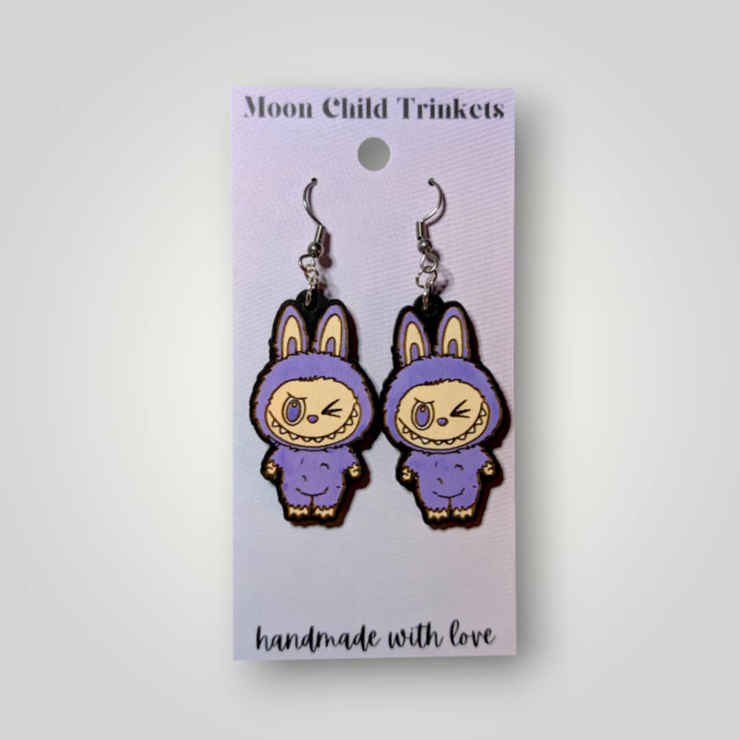 Labubu Monsters Hand Painted Wood Earrings: Stainless Steel Hooks / Purple