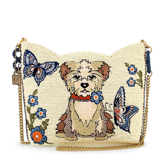 Shaggy Blue and White Puppy Dog Beaded Crossbody Handbag