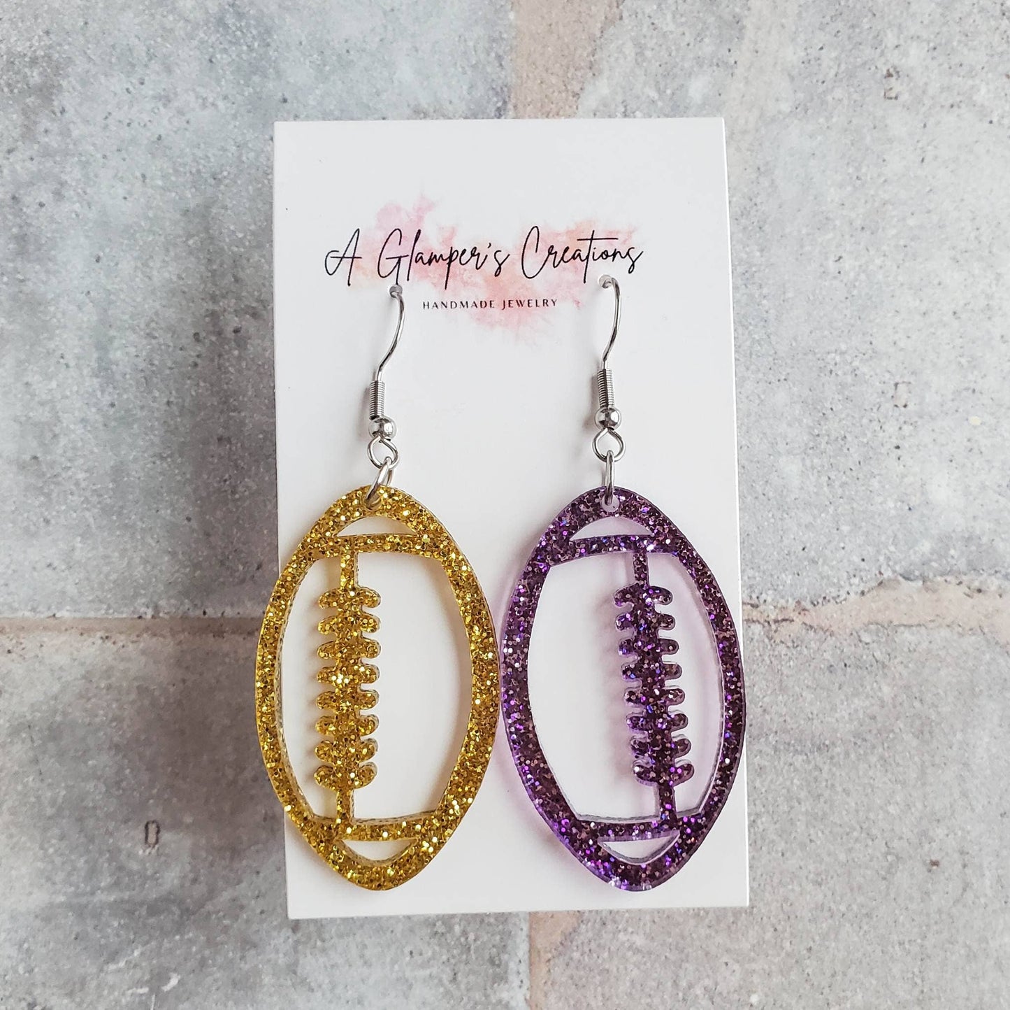 Purple & Gold Glitter Acrylic Football Game Day Earrings