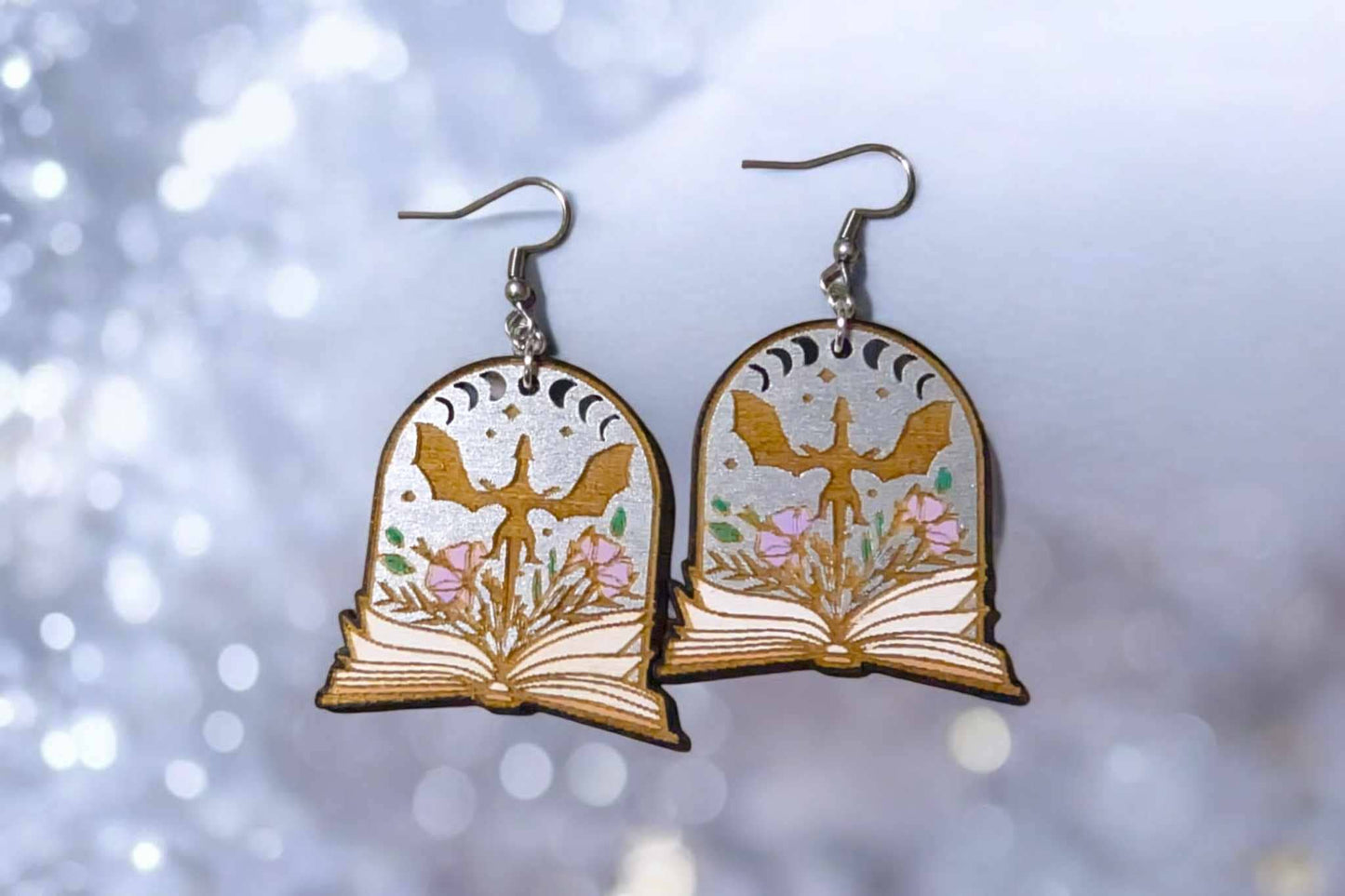 Dragon Fantasy Book Hand Painted Wood Dangle Earrings