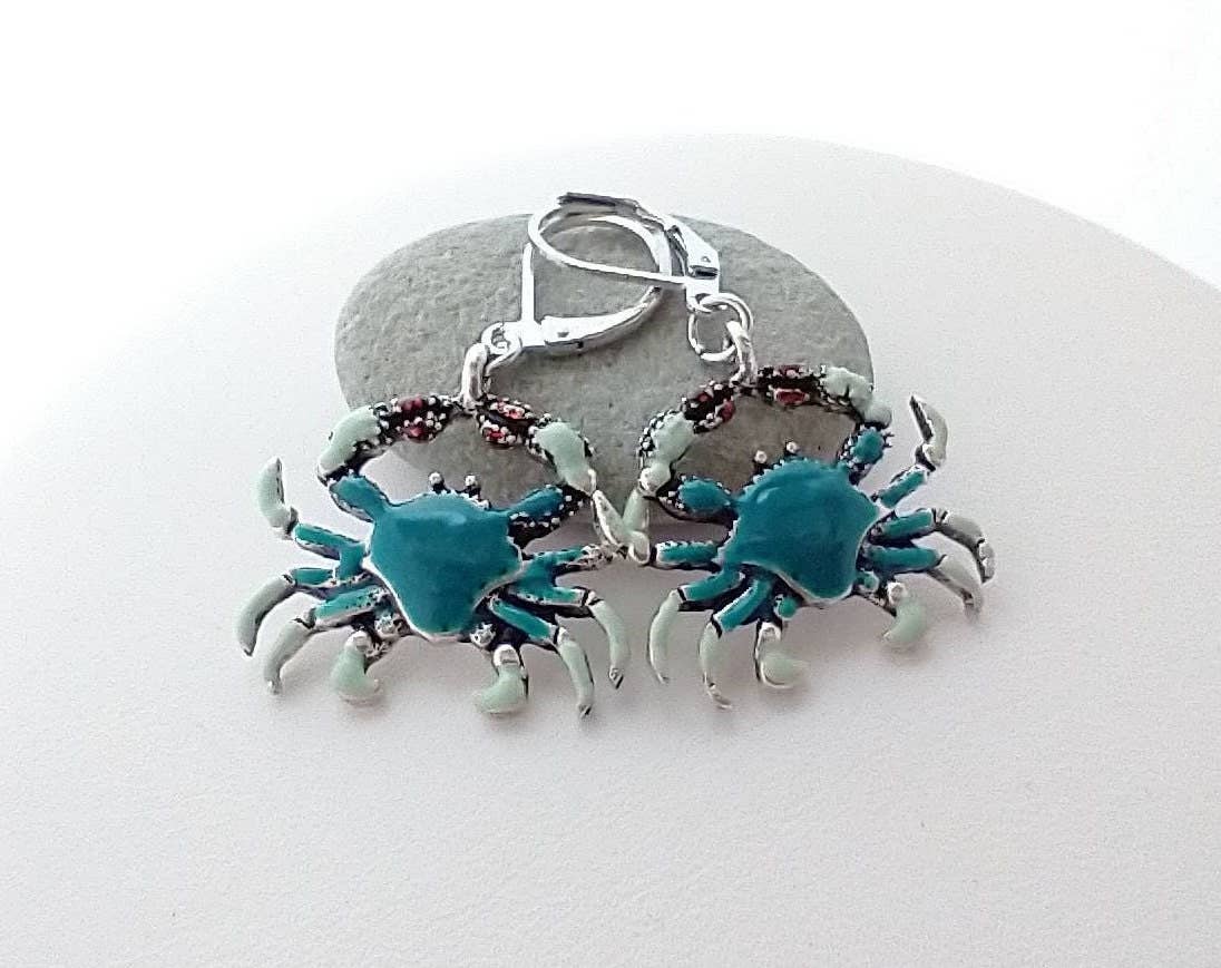Blue Crab Earrings, Coastal Jewelry, Nautical Earrings: A