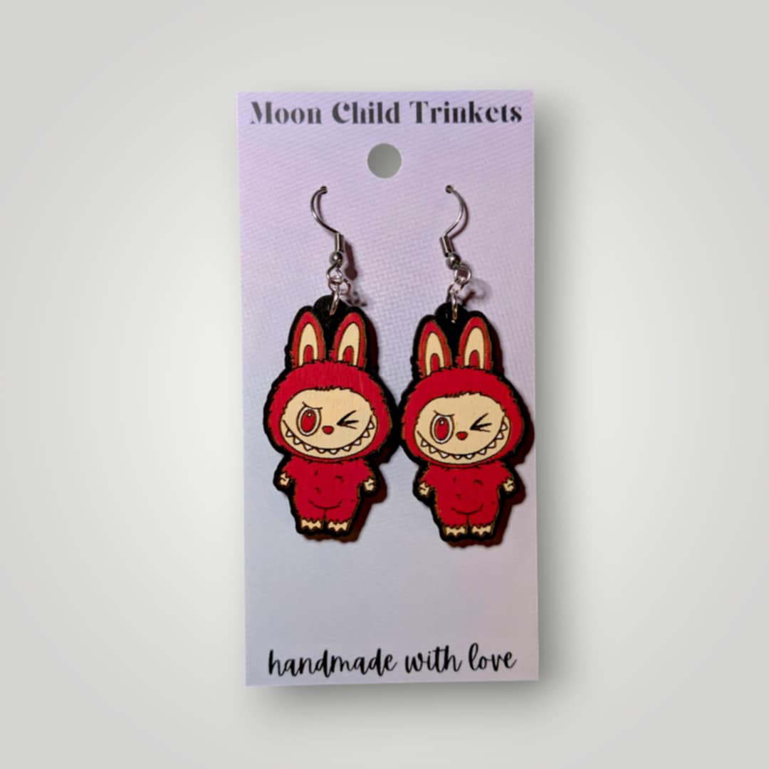 Labubu Monsters Hand Painted Wood Earrings: Stainless Steel Hooks / Purple