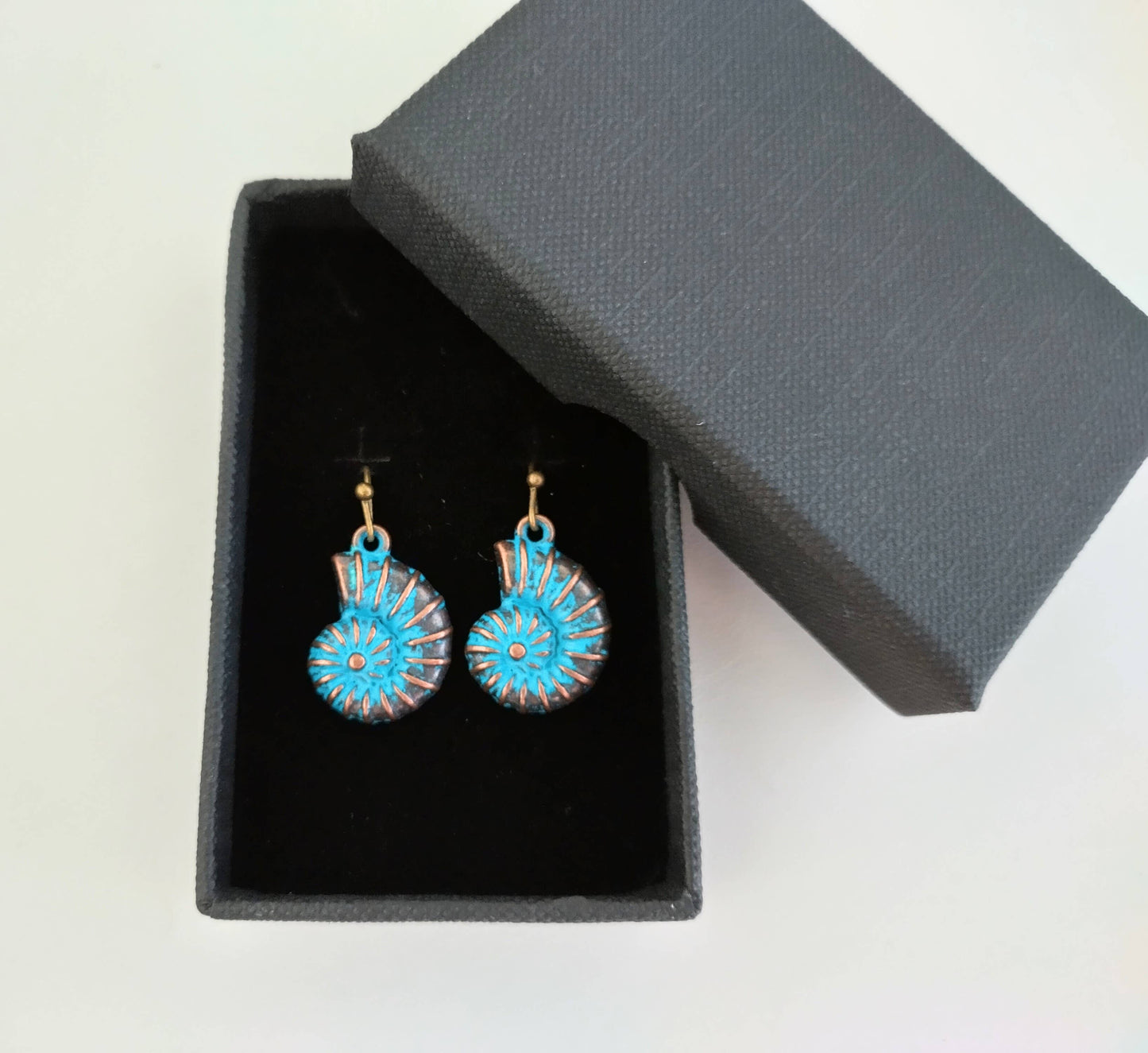 Blue Shell Earrings, Nautilus Earrings, Bronze Shell Earring: Kidney Wire