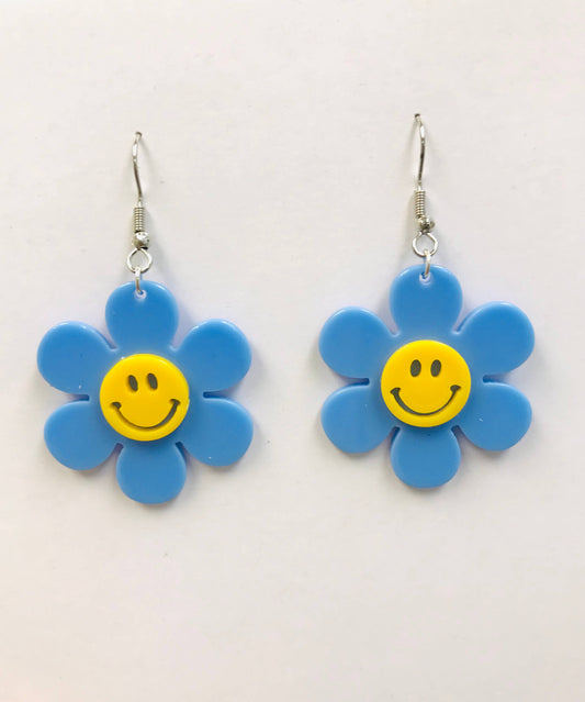 Blue Smiley Daisy Earrings